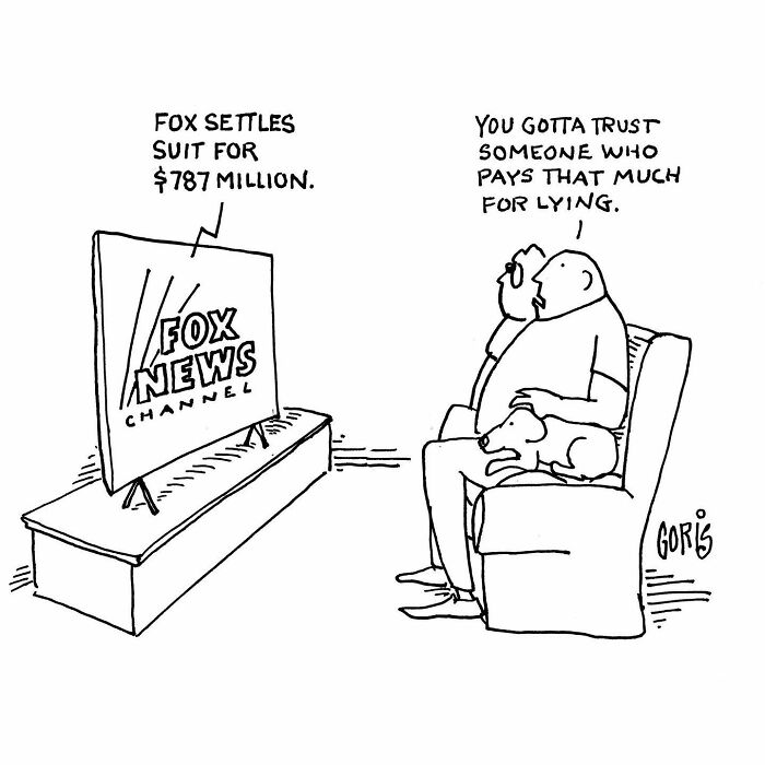 Cartoon showing a man and dog watching TV news with a political joke, from funny insightful cartoons on everyday life.