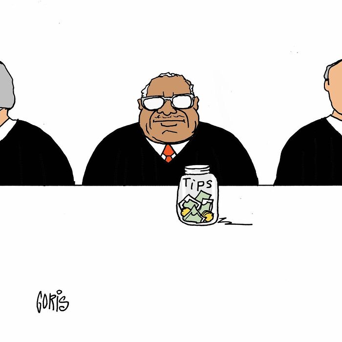 Cartoon of a judge with glasses and a tips jar, highlighting everyday life and politics by Dennis Goris.
