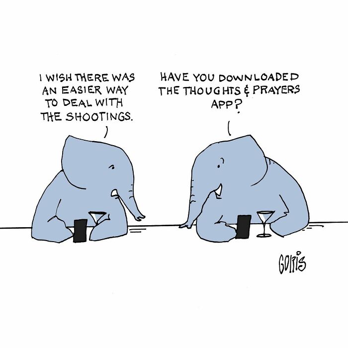 Two elephants at a bar discuss shootings and a thoughts and prayers app in a funny insightful political cartoon.