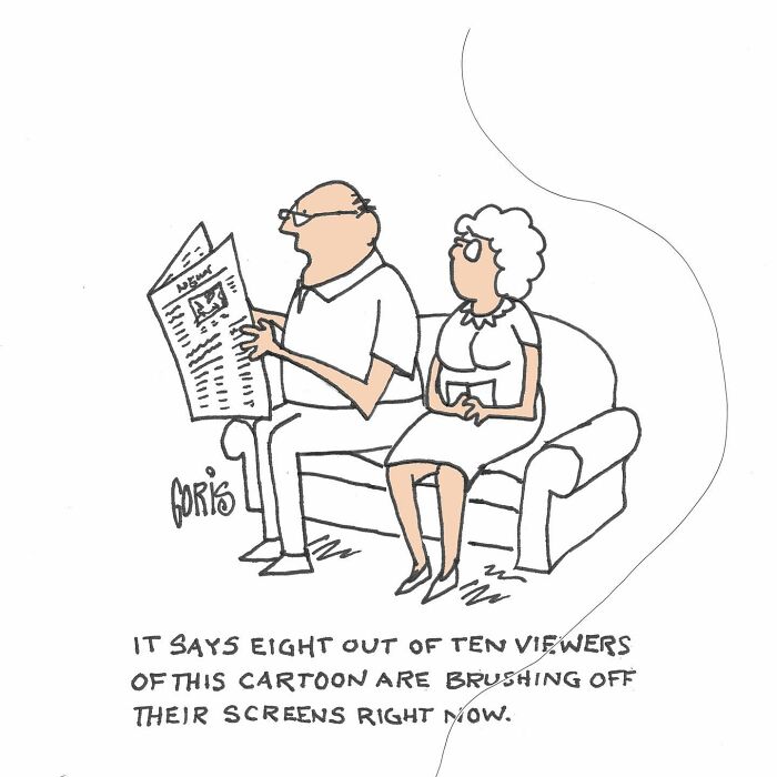Cartoon by Dennis Goris showing an elderly couple on a couch with a humorous take on screen time and everyday life.