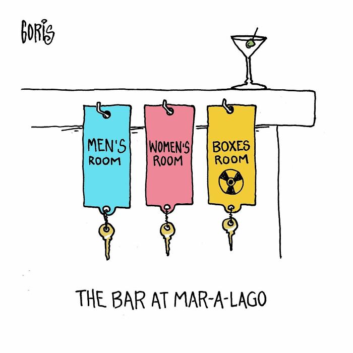 Funny insightful cartoon by Dennis Goris showing keys labeled men's, women's, and boxes room at Mar-a-Lago bar.