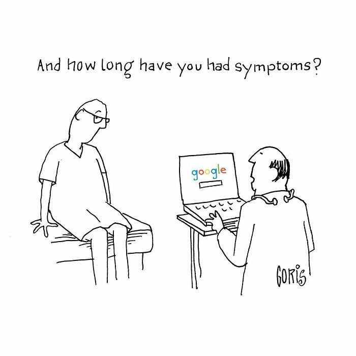 Cartoon by Dennis Goris showing a doctor using a Google search during a patient consultation on everyday life.