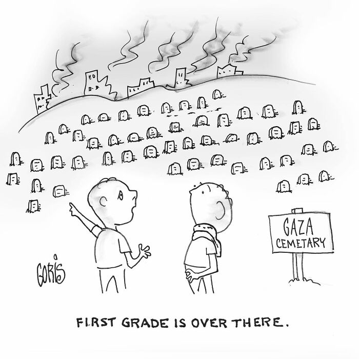Cartoon showing two children at Gaza cemetery with gravestones shaped like heads, highlighting everyday life and politics.
