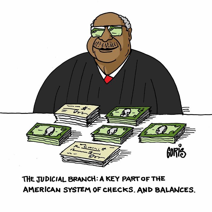 Cartoon by Dennis Goris showing a judge with stacks of money and checks, highlighting politics and everyday life humor.
