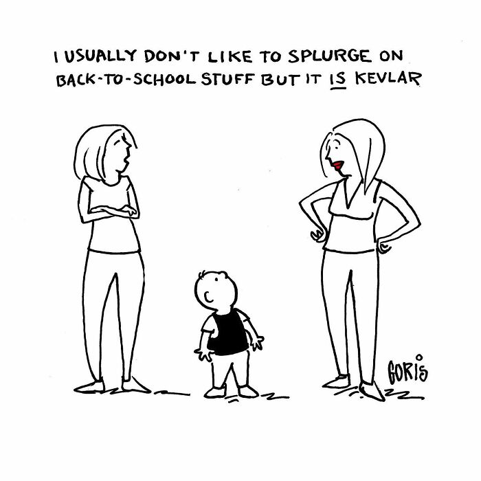 Cartoon by Dennis Goris humorously depicting everyday life with a back-to-school Kevlar vest conversation.