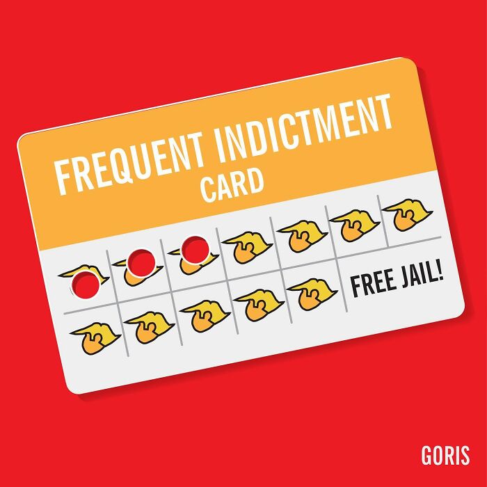 Frequent indictment card cartoon with political hats and free jail message, a funny insightful cartoon on everyday life and politics.