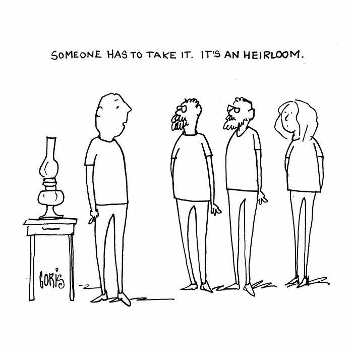Cartoon by Dennis Goris showing four people discussing an heirloom oil lamp with a humorous caption about inheritance.
