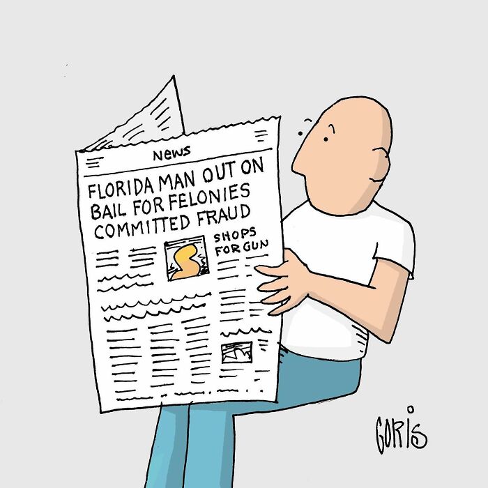 Man reading a funny insightful cartoon about politics and crime in everyday life by Dennis Goris.