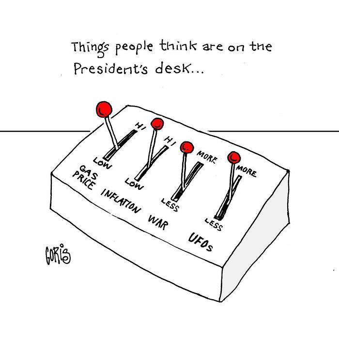 Cartoon showing a control panel with levers for gas price, inflation, war, and UFOs in a funny everyday life and politics style.