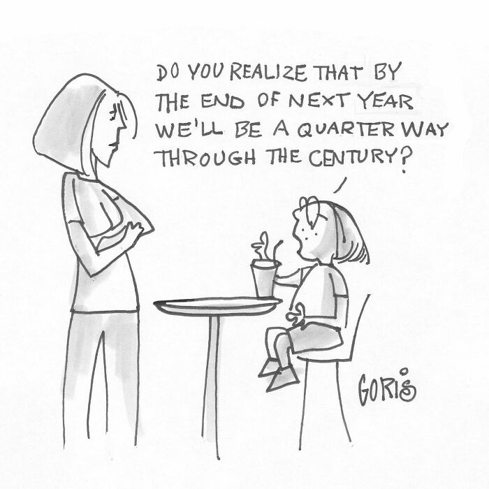 Cartoon by Dennis Goris showing a child telling a woman they’ll be a quarter way through the century next year.