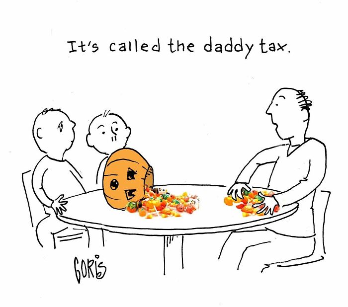 Cartoon by Dennis Goris showing a family discussing the daddy tax with spilled food on the table, highlighting everyday life humor.