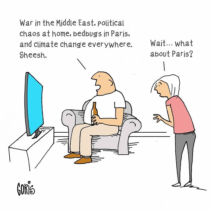 Cartoon by Dennis Goris showing two people discussing political chaos, climate change, and bedbugs in Paris.