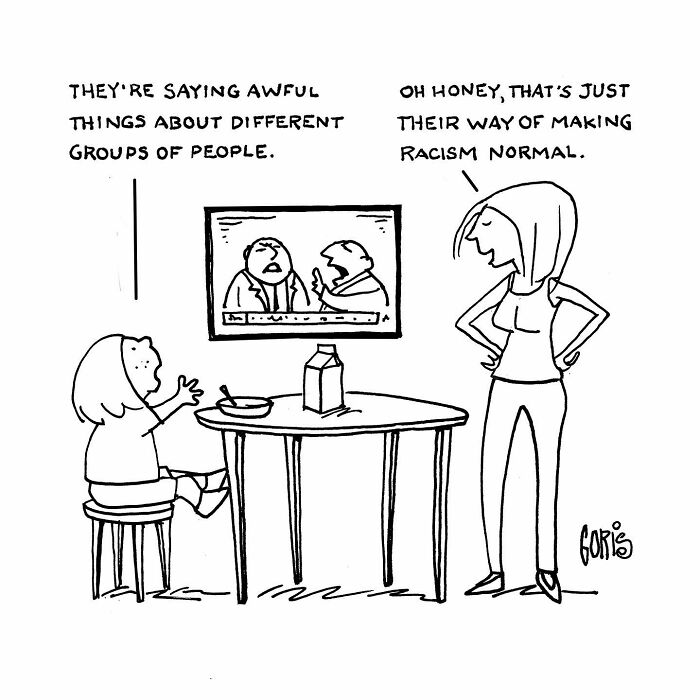 Cartoon by Dennis Goris shows a child and adult discussing racism and politics while watching TV at the kitchen table.