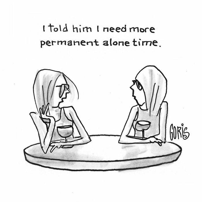 Two women at a table with drinks in a funny insightful cartoon about everyday life by Dennis Goris.