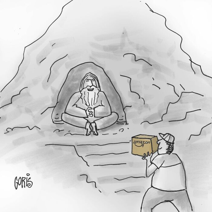 Cartoon by Dennis Goris showing a man delivering an Amazon package to a cave-dwelling guru in a humorous take on everyday life.