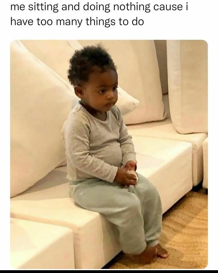 A child sits on a couch, looking contemplative, representing a funny and relatable meme about procrastination and social awkwardness.