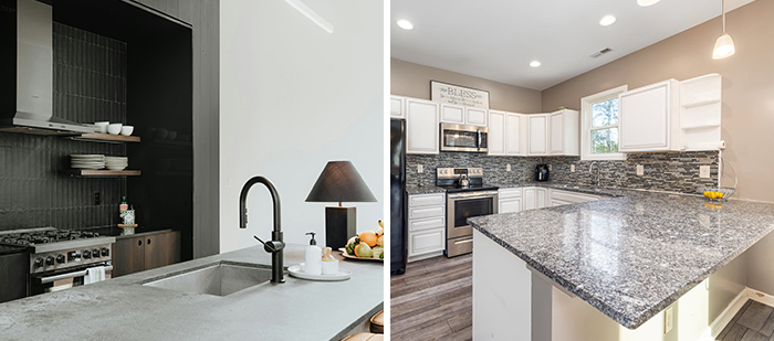 Side-by-side image of modern kitchen countertops featuring durable concrete and polished granite surfaces.