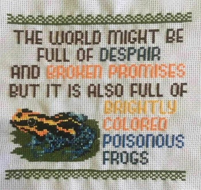 Cross-stitch art with a darkly humorous quote and a brightly colored poisonous frog, from hilarious and unsettling pics.
