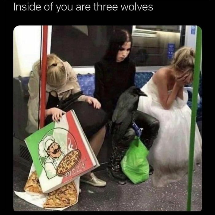 Three women sitting on subway seats with a spilled pizza, a black bird, and distressed expressions, confusing and unsettling scene.