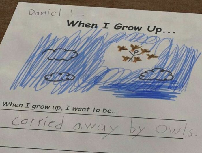 Child's drawing with blue sky and clouds, depicting being carried away by owls, a hilarious and confusing kid's artwork.