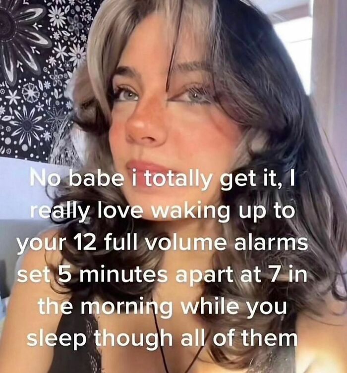 Young woman with multicolored hair posing with a sarcastic text about waking up to multiple loud alarms, hilarious confusing pics.