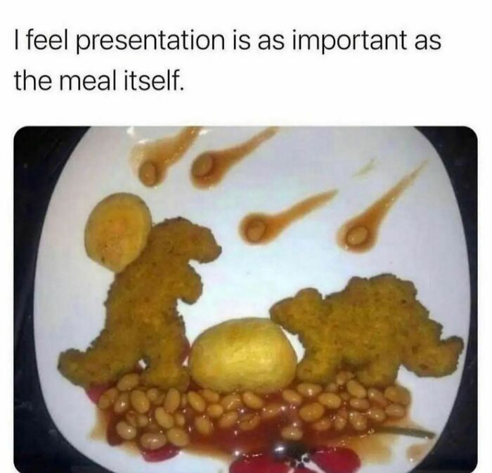 Food presentation with chicken nuggets and beans arranged to resemble dinosaurs, showcasing hilarious and confusing pics.
