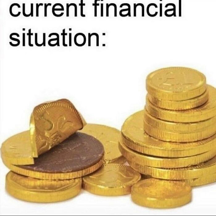 Current financial situation depicted with stacked and broken chocolate coins in a confusing and unsettling arrangement.