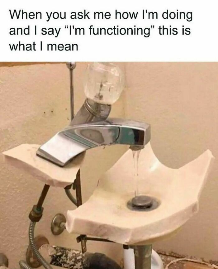 Broken sink with water barely flowing, illustrating a confusing and unsettling situation from I Would Prefer Not To pics.