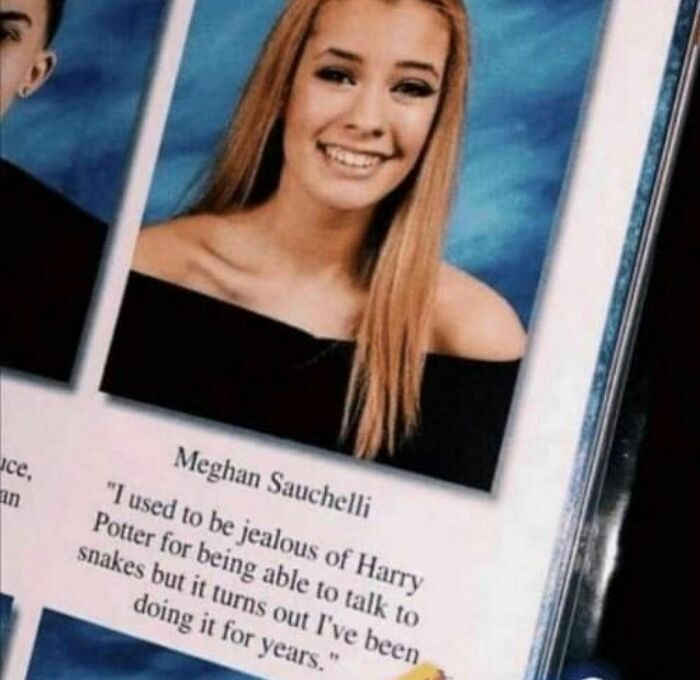 Yearbook photo of a young woman with a humorous and confusing quote included in unsettling pics collection.