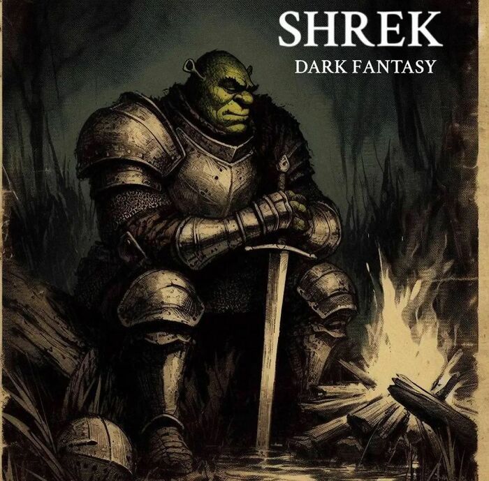 Cursed AI image of an ogre in knight armor, sitting by a fire in a dark fantasy setting.