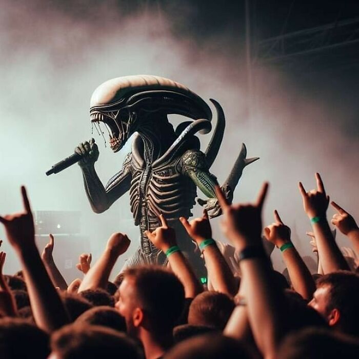 Alien-like creature performing at a concert, surrounded by an enthusiastic crowd, exemplifying hilariously cursed AI images.