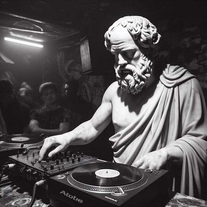 Ancient statue DJing in a club, mixing tracks on turntables, with a crowd in the background. Cursed AI image.