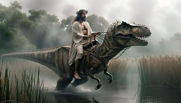 A man with long hair rides a dinosaur through a foggy wetland, creating a hilariously cursed AI-generated scene.