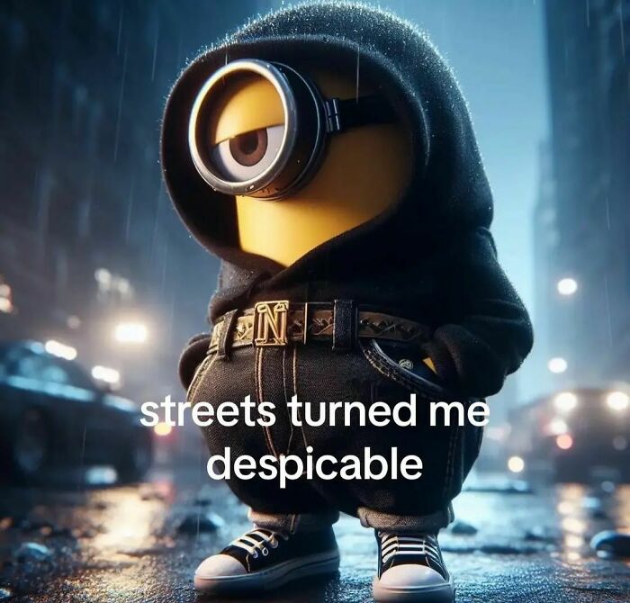 Minion in streetwear at night, with text "streets turned me despicable," embodying hilariously cursed AI image style.