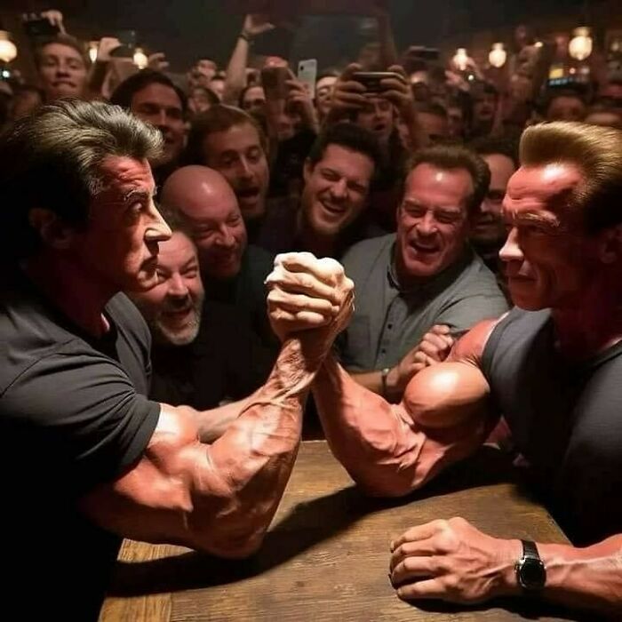 Two muscular men arm wrestling in a crowded room, creating a hilariously cursed AI image.