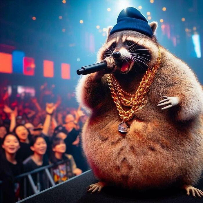 A raccoon wearing gold chains and a beanie raps into a microphone onstage, amid a cheering crowd, epitomizing cursed AI images.