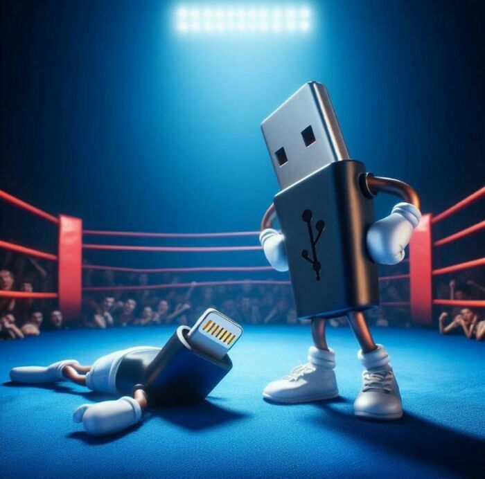 USB character triumphs over Lightning cable in a boxing ring under dramatic lighting.