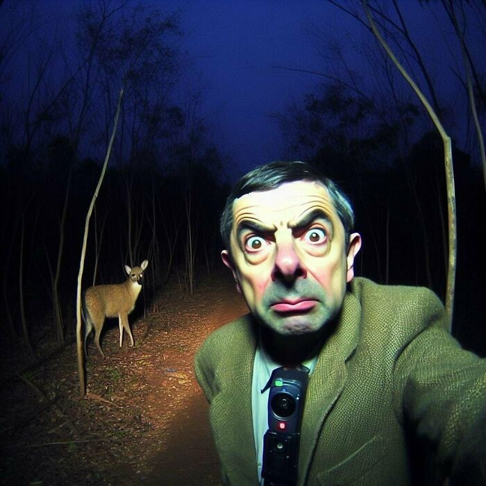A man with a surprised expression in a forest with a deer in the background, illustrating hilariously cursed AI images.