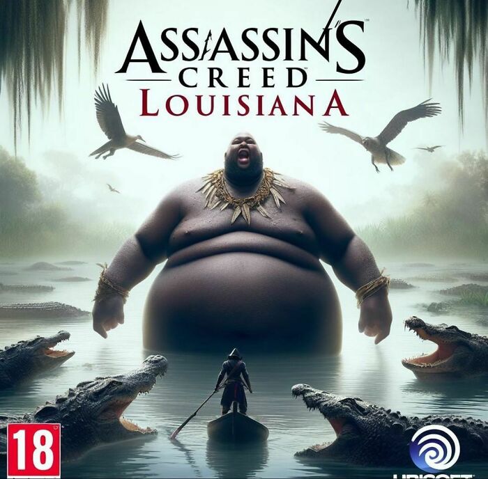 Cursed AI image of an Assassin's Creed parody with a large man surrounded by alligators in Louisiana.