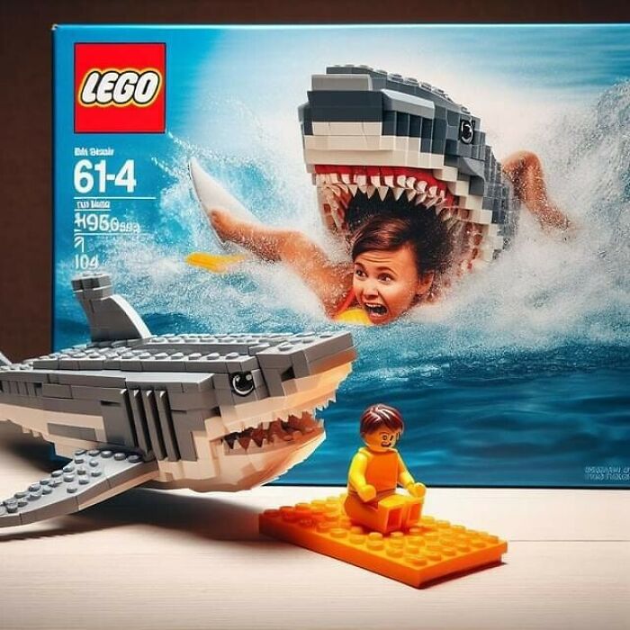 Lego shark model with child on packaging, hilariously cursed AI image.