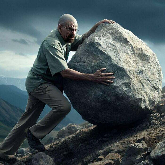 Man pushing a boulder uphill, showcasing hilariously cursed AI image with comical intensity and surreal backdrop.