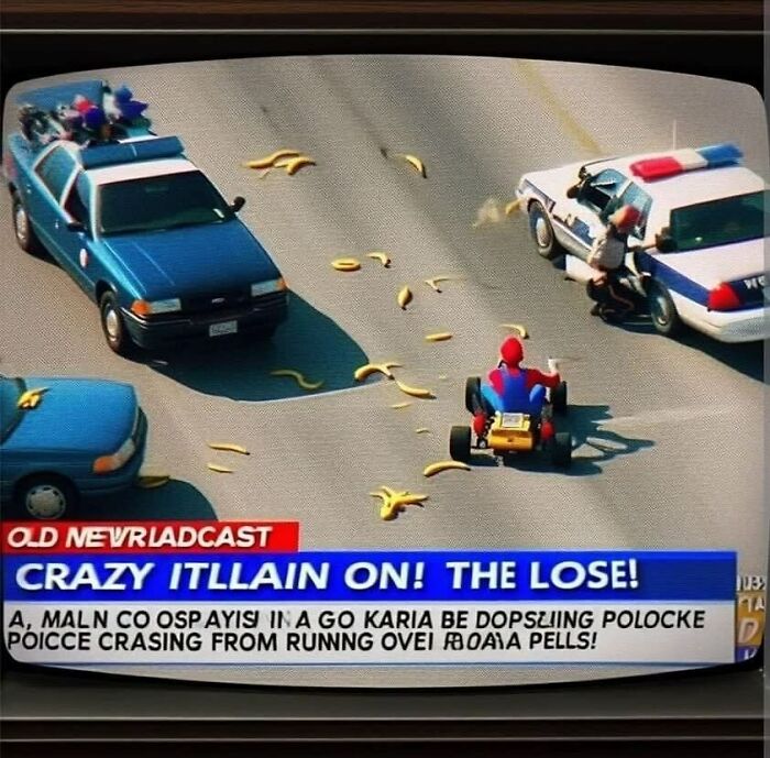 Cursed AI image: cartoon character driving among banana peels, police cars on scene.