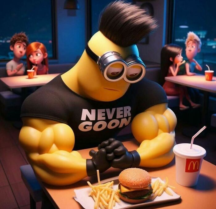 Muscular Minion with a burger and fries, wearing "Never G**n" shirt, exemplifying hilariously cursed AI image humor.