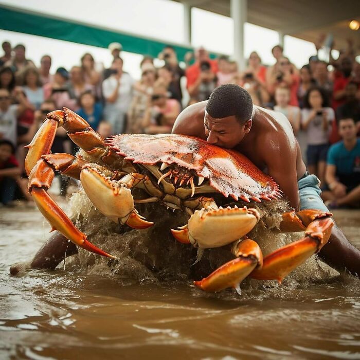 Man wrestling a giant crab in water, showcasing hilariously cursed AI images with a crowd in the background.
