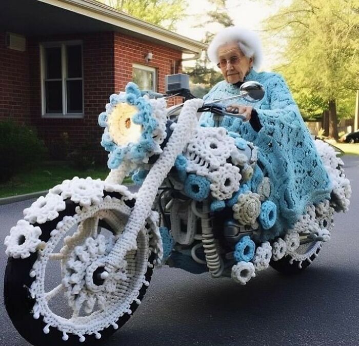 Elderly woman on a crochet-covered motorcycle, showcasing hilariously cursed AI images with colorful yarn work.