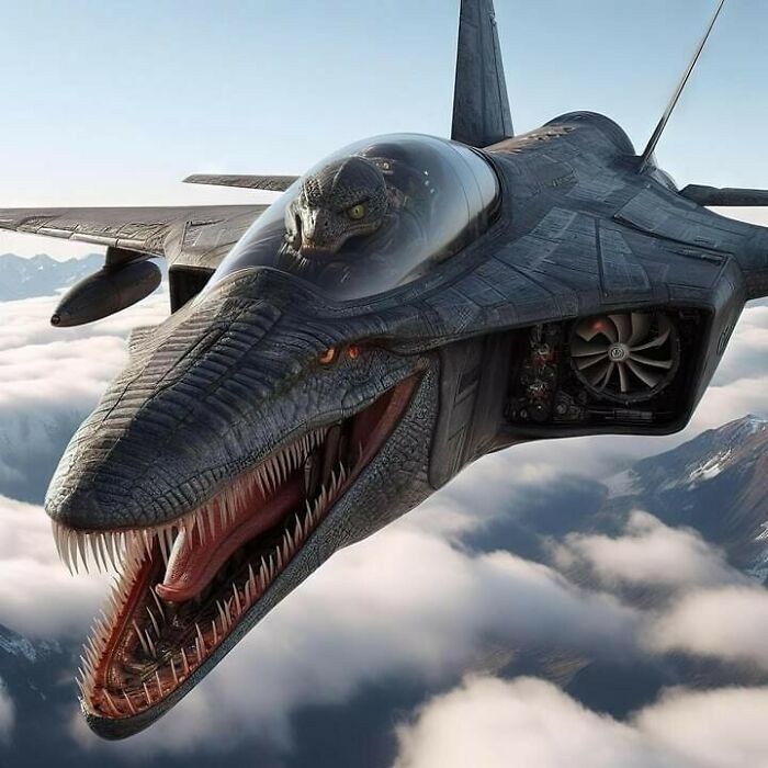 Cursed AI image of a jet with a dinosaur head flying above clouds.