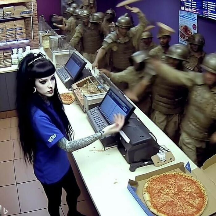 Cashier in a pizza shop with soldiers holding pizzas, creating a hilariously cursed AI image scene.