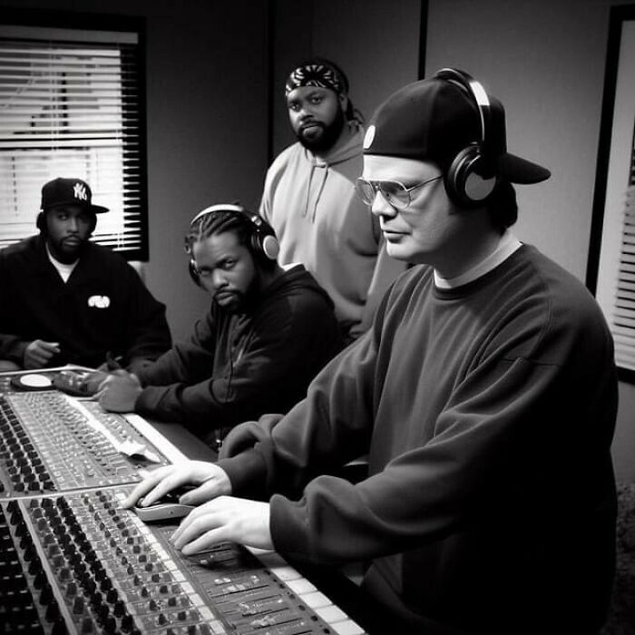 Black and white image of four men in a recording studio, one wearing glasses and a cap, humorously cursed AI-generated scene.