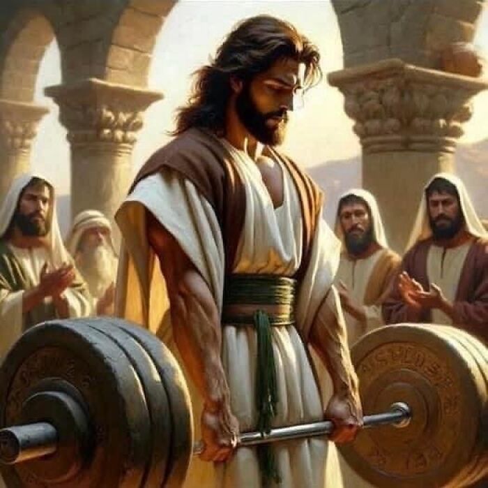 AI-generated image of a man lifting heavy weights, surrounded by onlookers in historical attire.