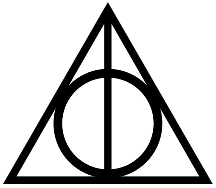 Deathly Hallows symbol, black outlines forming a triangle, circle, and line. Deathly Hallows symbol, black outlines forming a triangle, circle, and line.